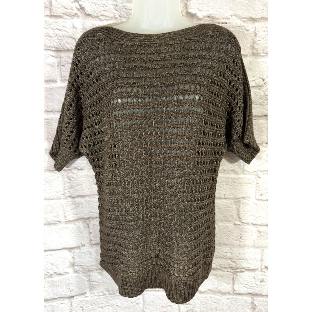 CHICOS 1 M Bronze Metallic Open‎ Knit Crochet Chunky Knit Dolman Sleeve Sweater - Picture 2 of 10